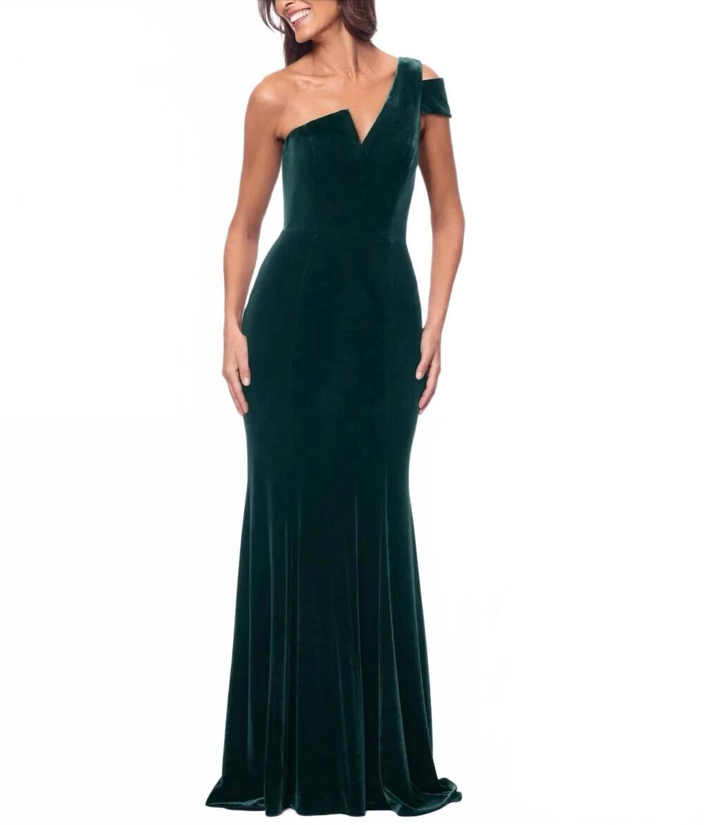 NEW BETSY & ADAM one-shoulder velvet mermaid gown in hunter green